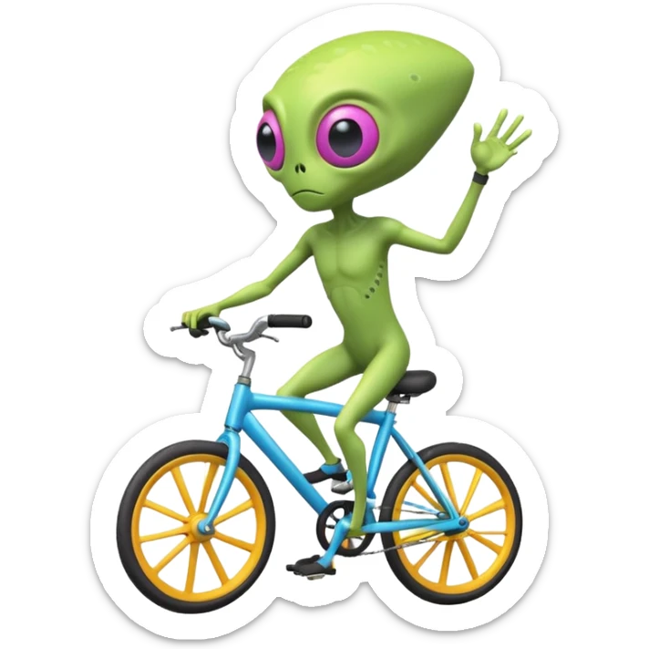 one-eyed alien riding a bicycle, large single eye, colorful skin, funny balance pose, cute sci-fi style, 3D cartoon, mobile game icon style, clean background, no text, no watermark
 sticker