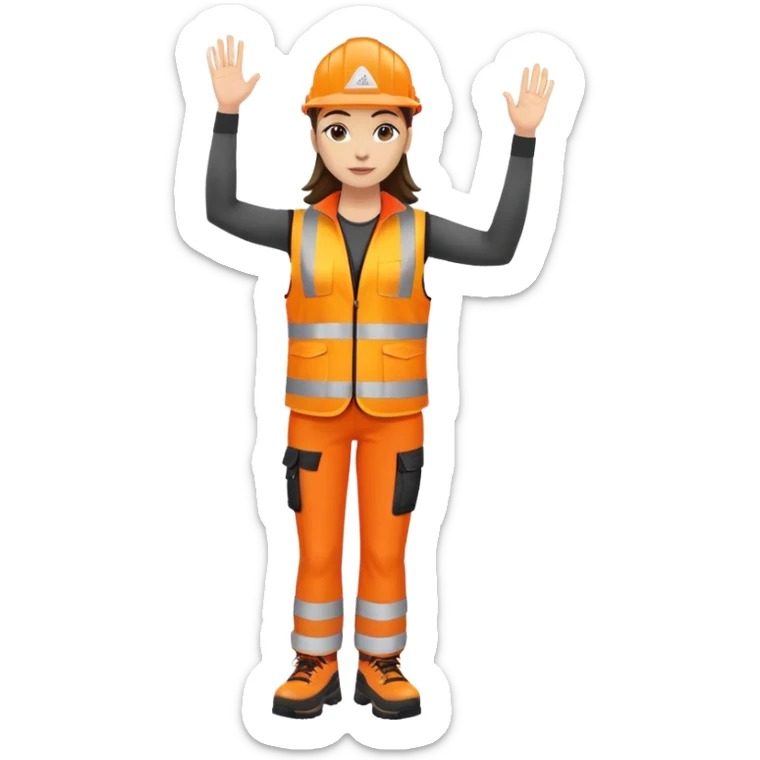 female, orange, hi-vis vest, dark trousers, shoes, hand raised sticker