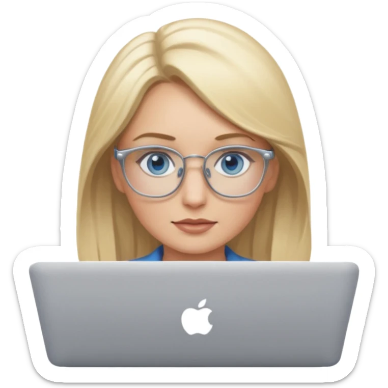 blonde hair woman blue eyes on mac lap top with glasses sticker