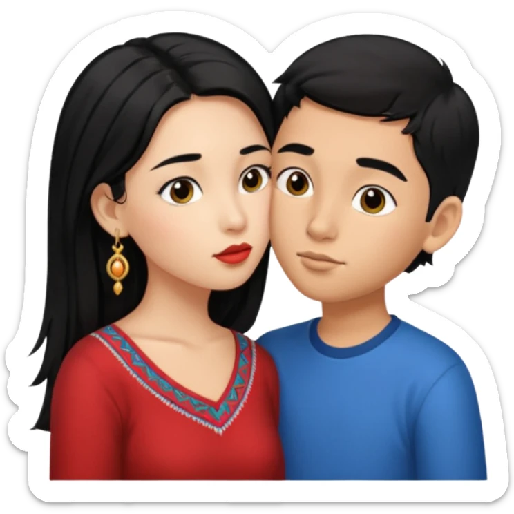 Ragazza con capelli neri lunghi che bacia ragazzo peruviano con capelli corti neri e lui con gli orecchini sticker