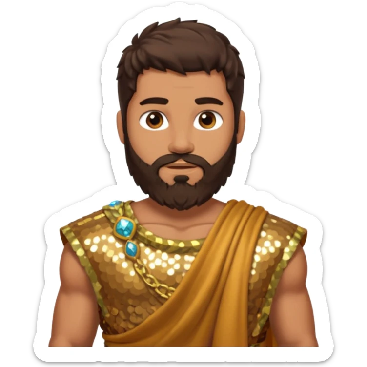 Hercules from Roman Deities with long dark brown hair and beard, bronze sequin toga sticker