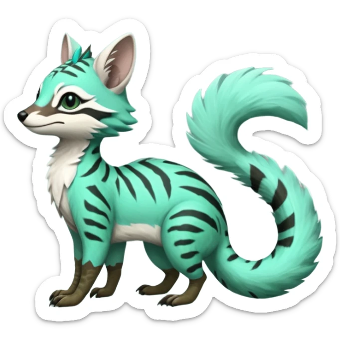 Feral Rare Fantasy minty-cyan pastel-seafoam-green Hunter-forest-green  Vernid-Gremz-Numbat-Sergal-Genet-Trico-species by LiLaiRa, random markings, tufted tail, tufted ears, full body sticker