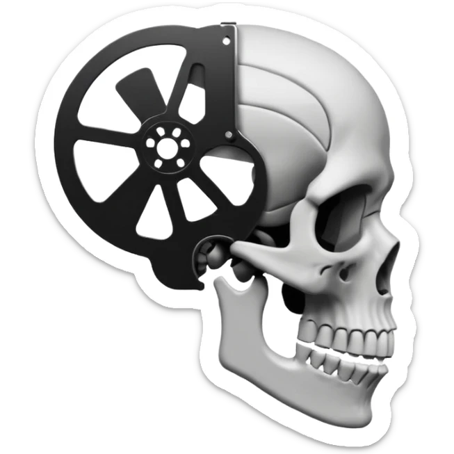 Minimalist emoji-style sticker of a human skull in profile, with a film reel replacing the brain. Grayscale icon with bold silhouette.
 sticker