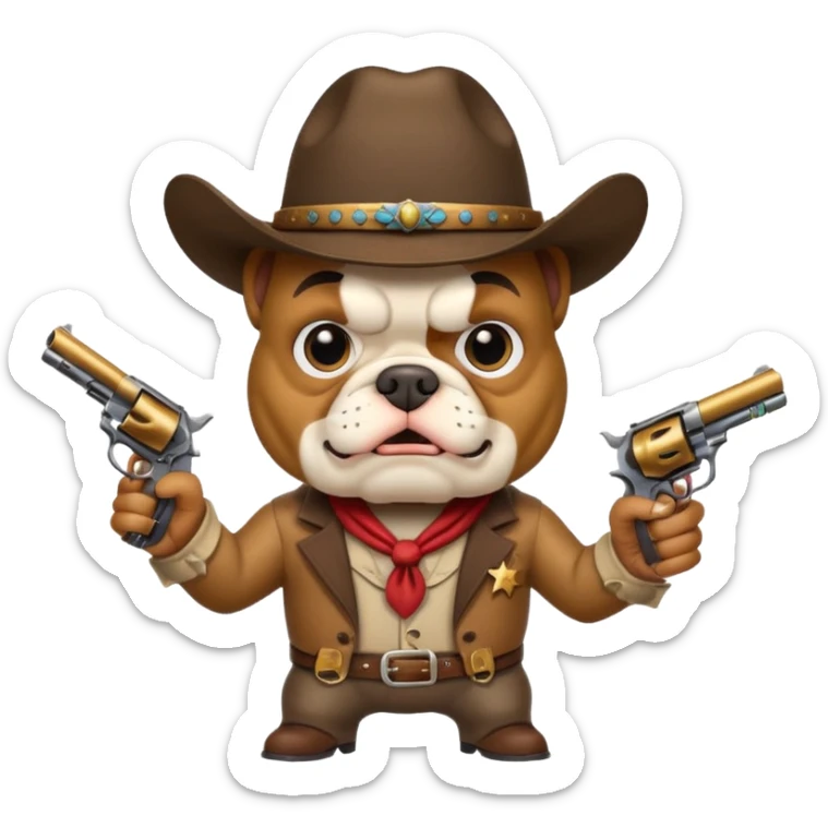 A bulldog wearing a cowboy hat pointing a revolver at you and telling you to hand over your money. sticker