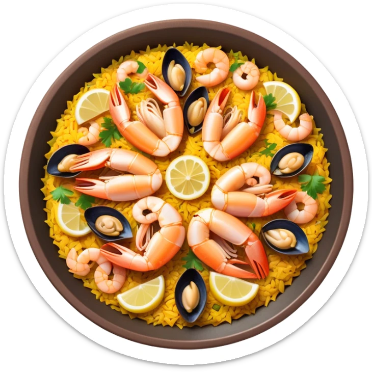 cinematic-realistic-paella-dish-emoji,-depicted-as-a-vibrant,-aromatic-rice-dish-loaded-with-seafood,-chicken,-and-saffron-rendered-with-rich-textures-and-dynamic,-warm-lighting with a lemon slice in the middle sticker
