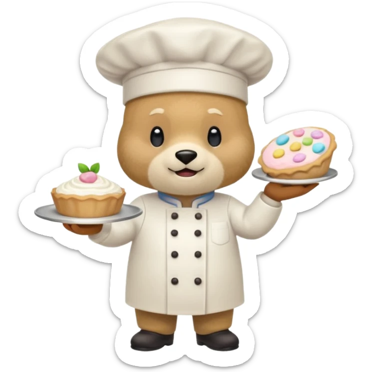 quiero un oso de pie con un delantal de pasteleria y un jorrito de chef que una mano tenga una manga oastlera sticker