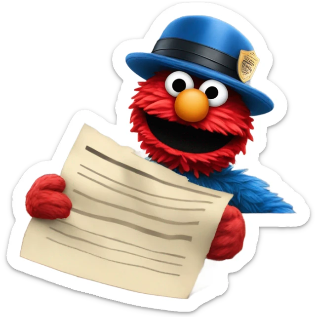 Elmo as a police officer giving Cookie Monster a speeding ticket that says “fanum tax” on it  sticker