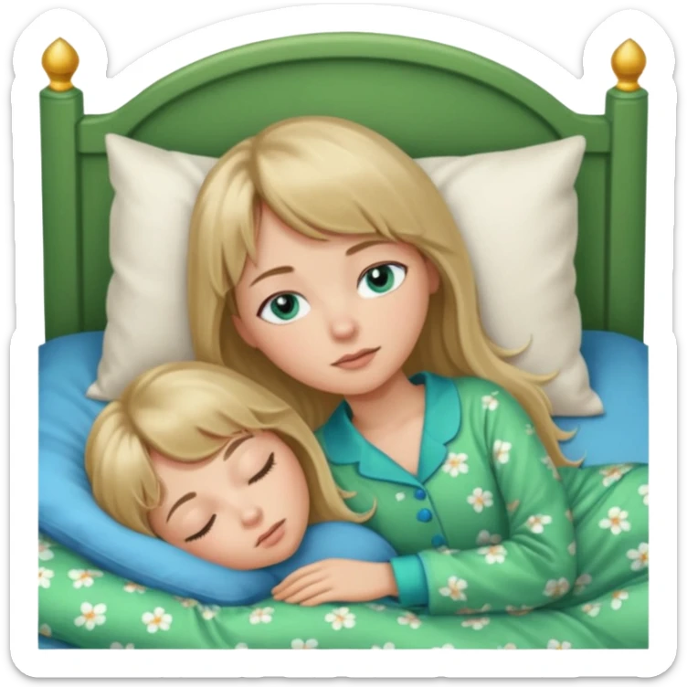 Woman with blue eyes and long dark blond hair and a bang, sleeping in bed  with green pyjama sticker