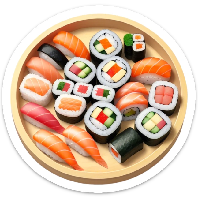 Cinematic Realistic Sushi Dish Emoji, depicted as an artful arrangement of fresh sushi with vibrant colors rendered with lifelike textures and delicate, natural lighting. sticker
