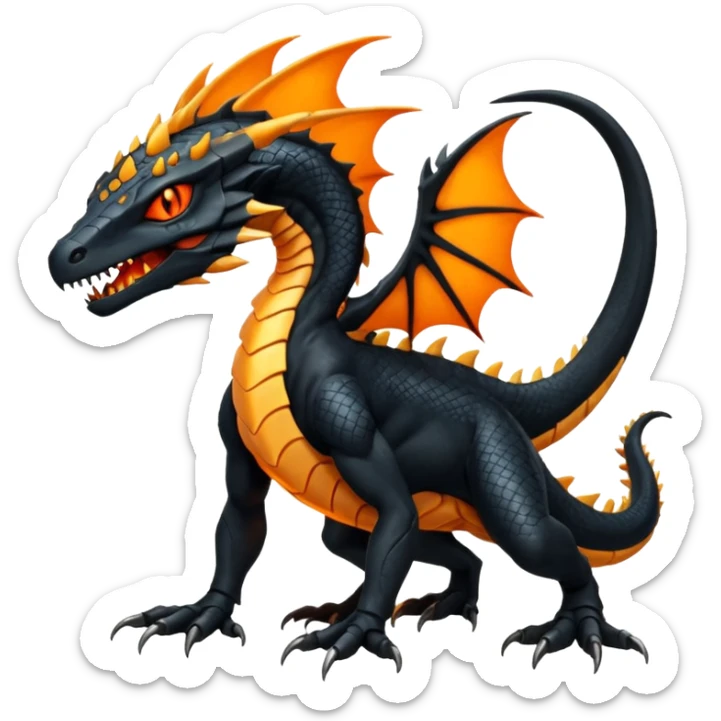 Magmatic fiery badass cool obsidian-Black and golden-orange Helioptile-Amaura-Salandit-Fakémon-hybrid-creature (full body)  sticker