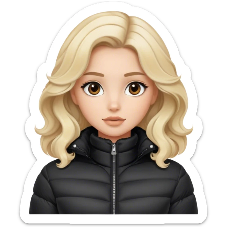 Luxury blonde model, brown eyes, soft sleek wavy hair, wearing a black puffer jacket winter sticker
