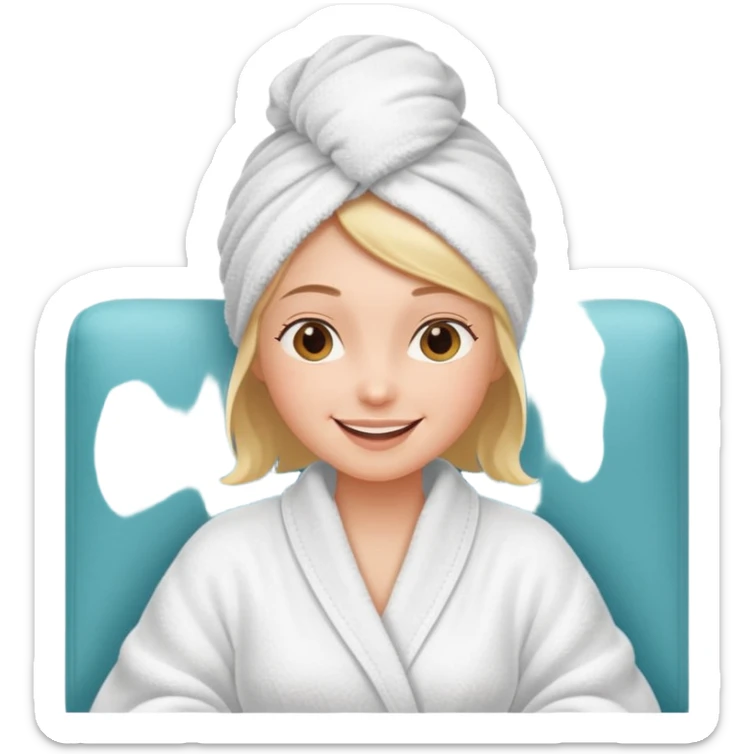 spa A contented and relaxed girl with a towel on her head in a white robe lies on a couch. The icon displays the couch and the girl in full three-quarter view. sticker
