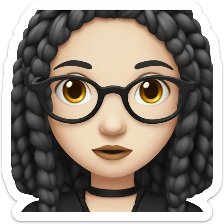 "An emoji of a girl with long black braids, pale skin, and a serious expression, wearing a dark gothic-style dress, with round black-rimmed glasses to add a studious, mysterious look sticker