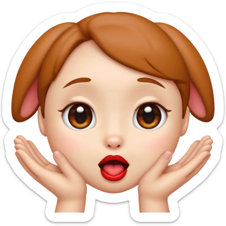 emoji with big anime like eyes like puppy eyes, puckered lips, red cheeks, Little excited clasp with their hands up by their cheeks sticker