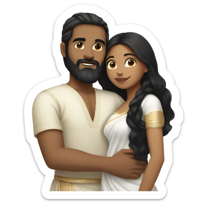 Light skin;Black long hair girl  in a white saree hugging with a man with black beard and short hair on top sticker