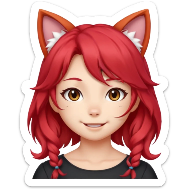 very cute anime cat-girl with cat ears, red blowing hair sticker