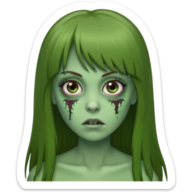 Zumbi feminino, de pele verde, cabelo longo liso e castanho com franja. rosto oval e cilios grandes sticker