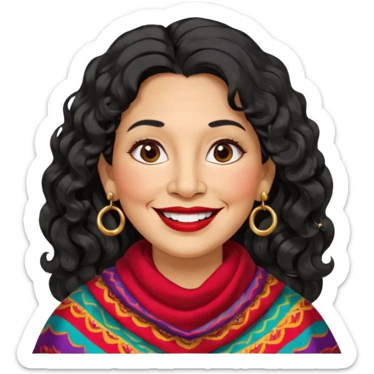 60 yr old peruvian woman, slightly chubby, wavy/curly long black hair, red lipstick, big smile, white teeth, brown eyes, hoop earings, side part to hair, round face sticker