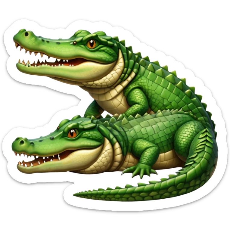 A large crocodile resting on a riverbank, part of its body in water, realistic scales and reflections, natural sunlight. sticker