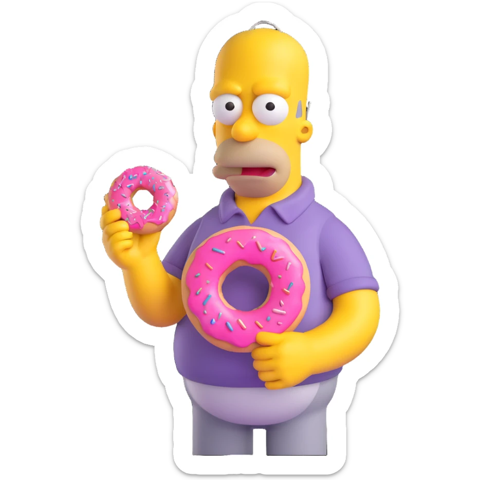 Homer Simpson 3D style holding a pink donut big eyes cartoonish proportions sticker