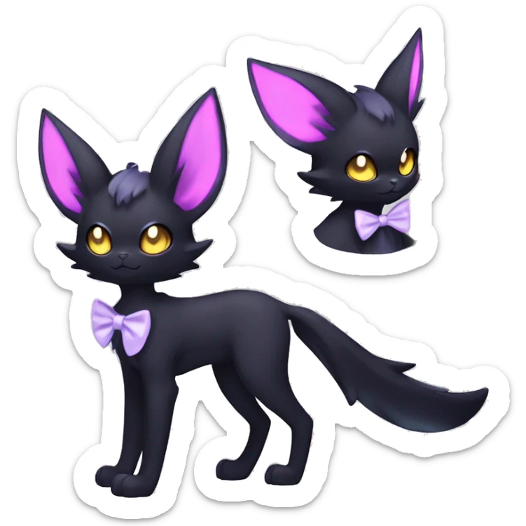 Shiny Cool pastel Edgy Black beautiful ethereal fantasy Kawaii Sona Umbreon-Noibat-Litten-Fakemon-cat-animal with edgy bat-ears bow tie black mane vtuber model Full Body sticker