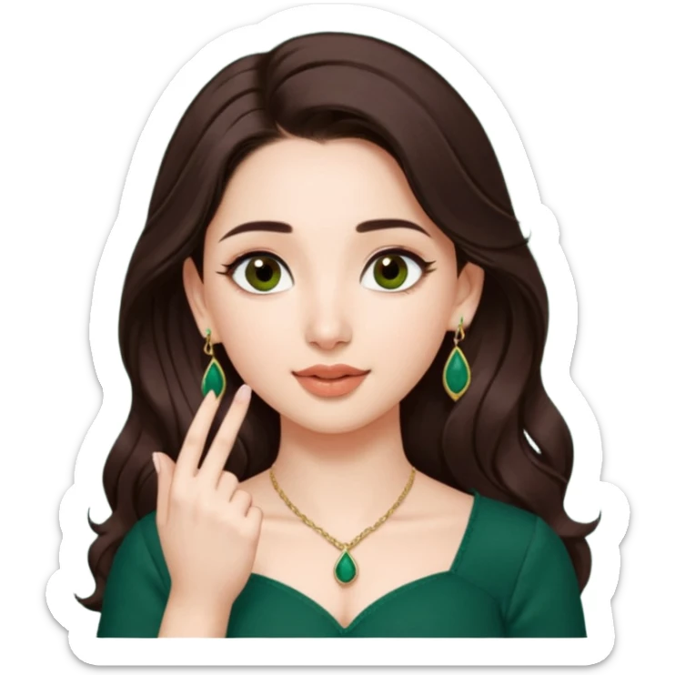pretty bratz genmoji that, wearing a dark green sweetheart neckline top, dark brown hair, light makeup, no necklace, dangly earrings, SIDE hair part, fair. dark brown eyes, long hair
SHe should look like tamannaah bhatia - bollywood actress
Show her licking her finger  sticker