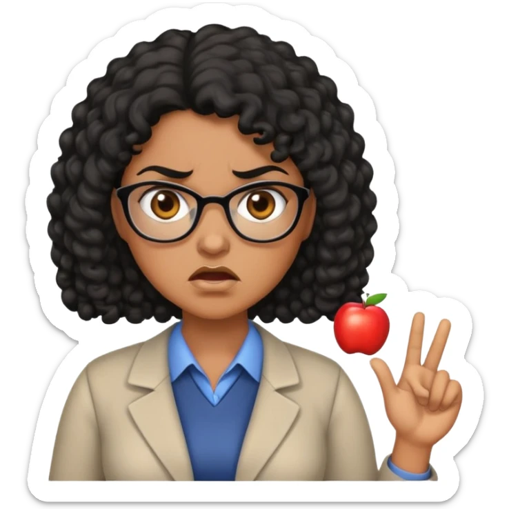 An angry female teacher with brown skin, black curly hair, and slightly chubby sticker