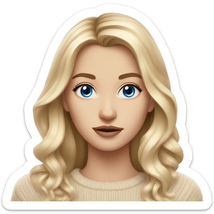 White women, long blonde balayage hair, no smile, blue eyes, beige sweater sticker