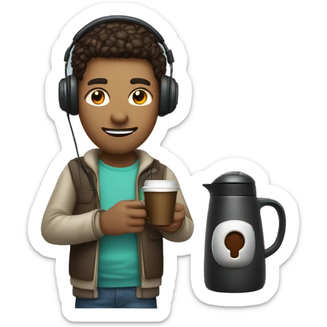 gamer with a headset holding a mouse in one hand and a coffee pot in the other sticker