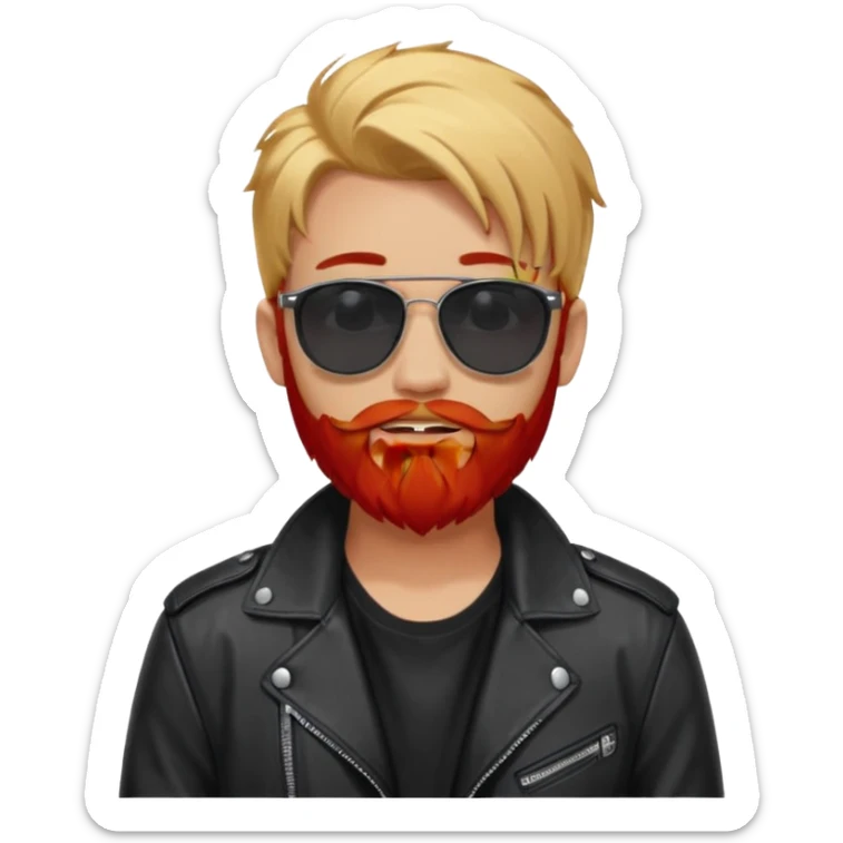 generate an ios genmoji of a 20 year old tan boy with black sunglasse Wearing a leather jacket. Has a dyed blonde beard and veryyyyy long red hair sticker