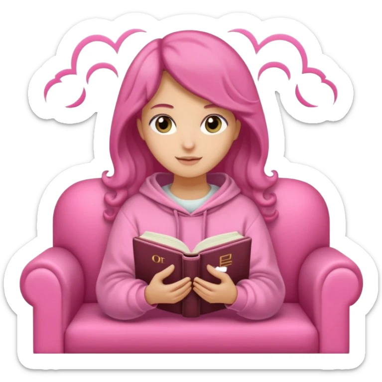 Una chica linda de cabello oscuro con ondas hasta los hombros de piel blanca con una sudadera rosa en un sofá cómodo y hermoso leyendo la biblia sticker
