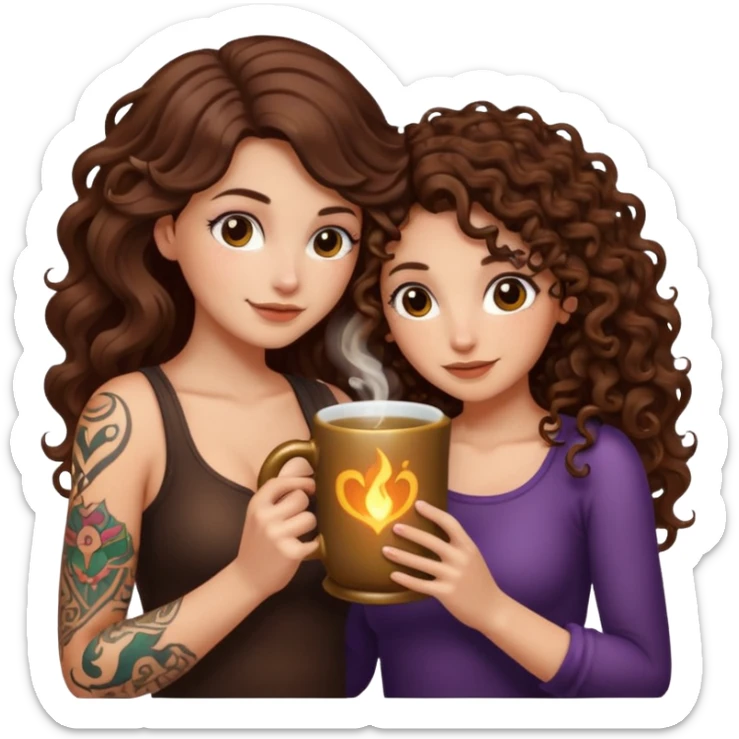 warm potion break — long wavy brown hair tattooed woman and short tight curly brown hair woman — hugging glowing mug sticker