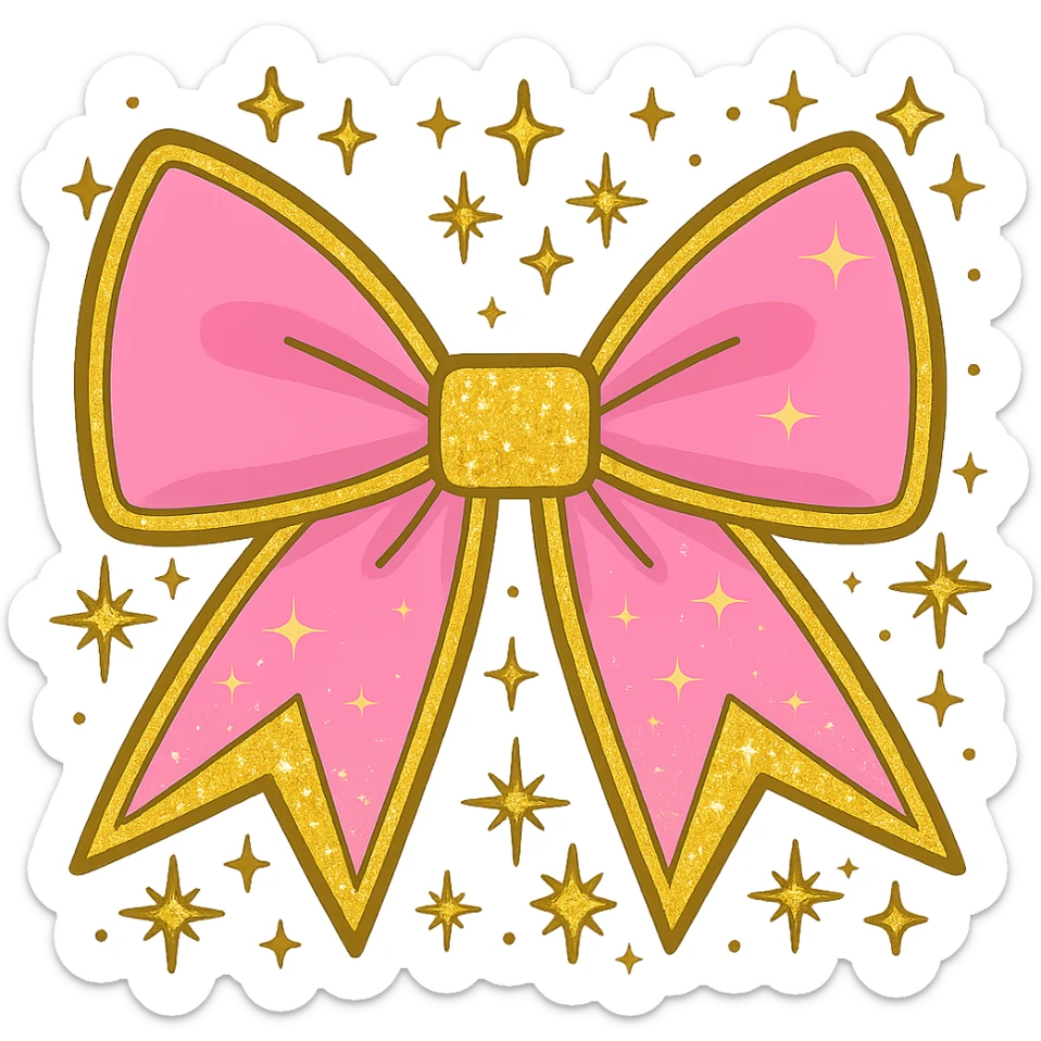 Add a shiny gold outline to the sparkly pink bow with extra glitter and stars, keep the background transparent. sticker