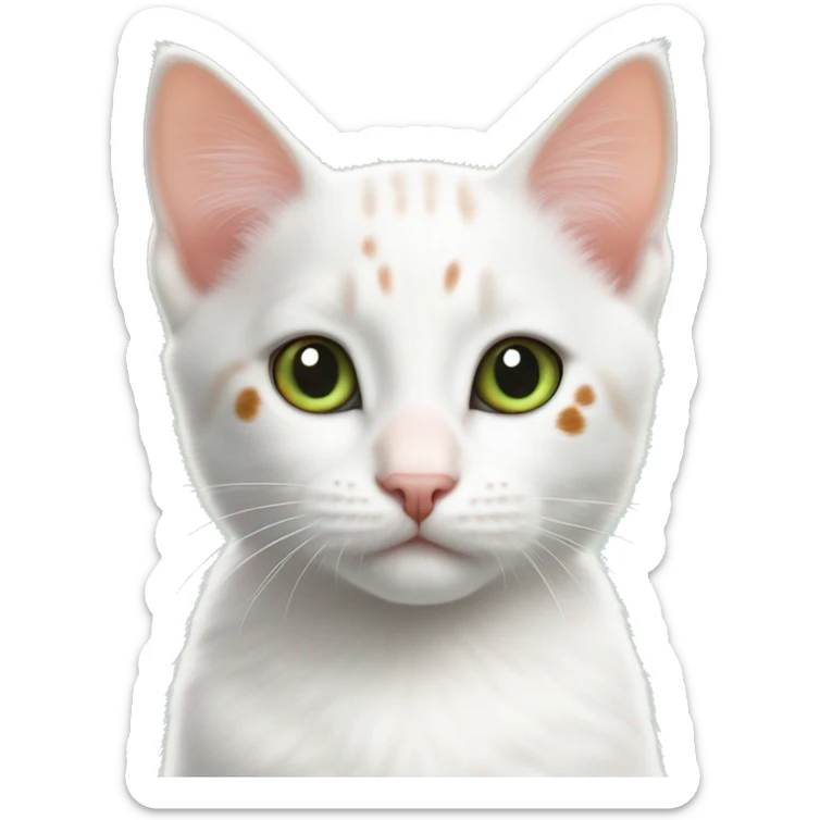 One White kitten with orange and black spots  Green eyes, pink nose  Black spot on left eye  Orange spot on right eye  On all four paws sticker