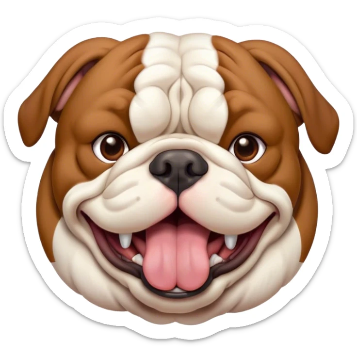 Cinematic Cute Yawning Brown and White English Bulldog Portrait Emoji, Head tilted slightly with a dramatic, wide-open yawn, showcasing a smooth brown and white coat with a defined pattern, floppy ears slightly drooping, round brown eyes barely open in drowsy contentment, Simplified yet irresistibly adorable features, highly detailed, glowing with a soft, cozy glow, high shine, relaxed yet expressive, stylized with a touch of whimsy, bright and endearing, soft glowing outline, capturing the essence of a sleepy yet affectionate guardian, so drowsy it feels like it could stretch out of the screen and curl up for a nap! sticker