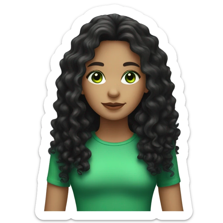 girl with black very long curly hair, light skin and green eyes sticker