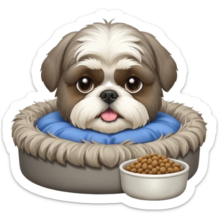 old ALL grey shih tzu in dog bed tongue hanging out with a bowl of food sticker