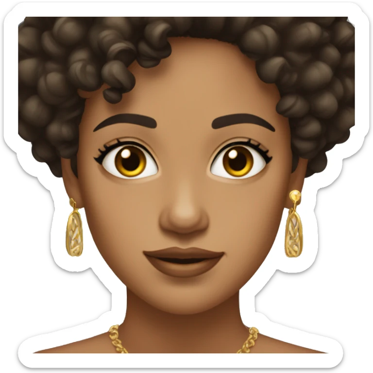 woman with short curly dark hair, skin tan, brown eyes, gold different earings, three earings in the right ear sticker