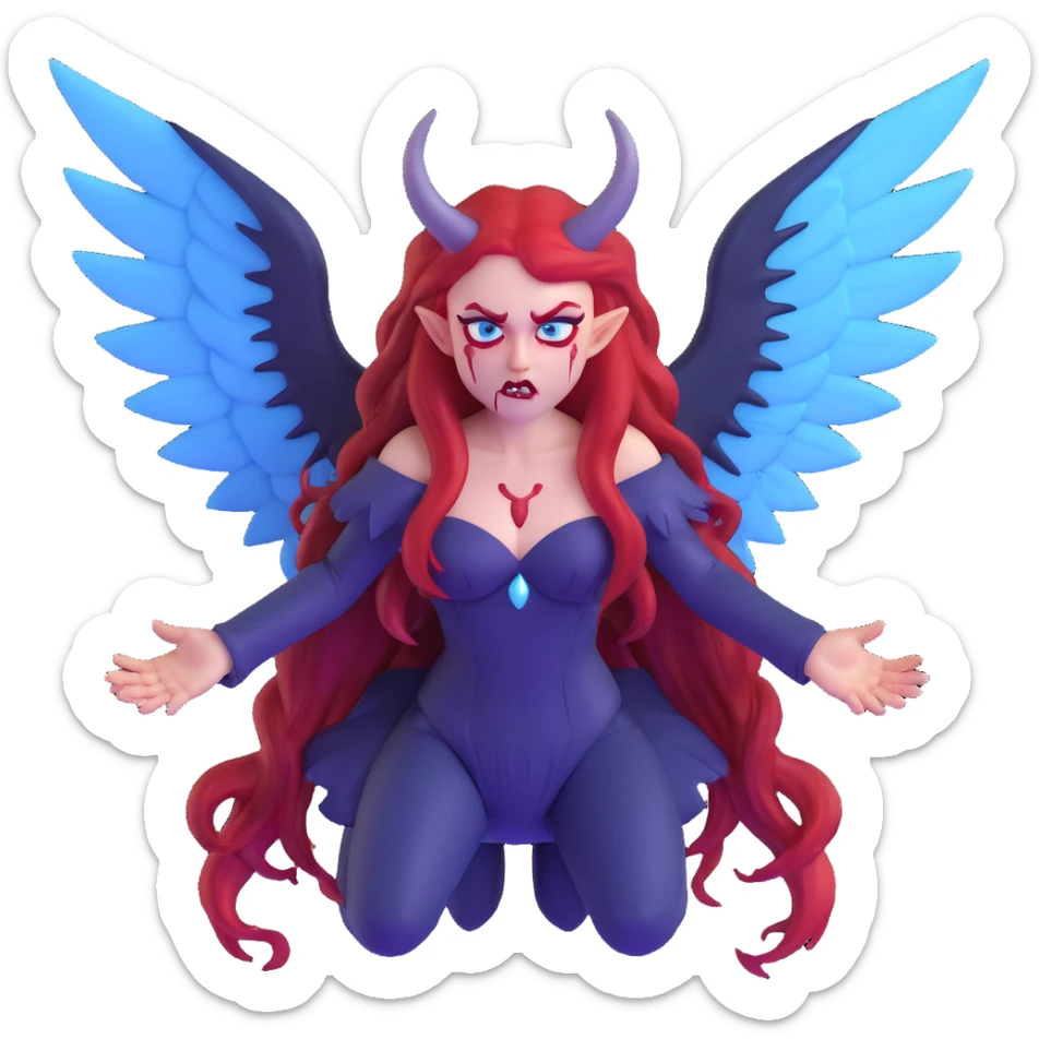 extremely diabolical demon girl with enormous high reaching wings, blood red hair, sinister glowing blue eyes, dark hellish aura, no horns, fangs sticker