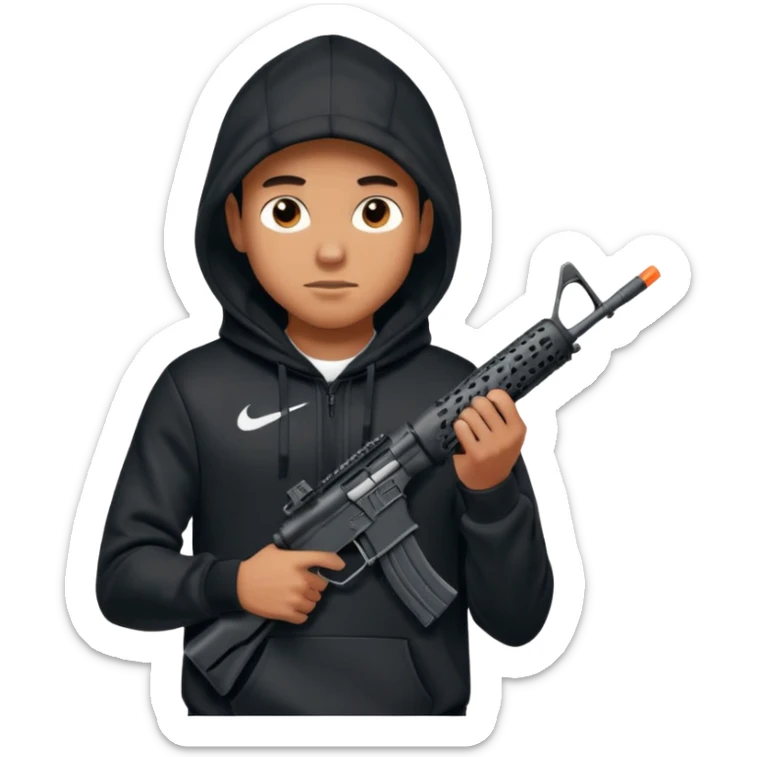 
Fais moi un jeune taliban qui ressemble qui tient une AR15 avec un hoodie a capuche, capuché, avec la cagoule nike therma fit hood sticker