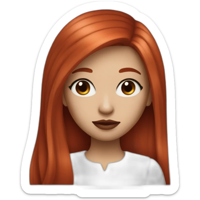straight long red hair,red lipstick,black eyes, white skin and a small nose with transparent sticker