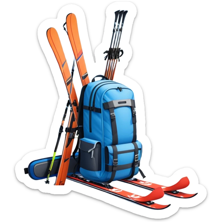 An icon showing a close-up of a biathlon backpack, a pair of skis, and a biathlon rifle resting against snow. In the background, a beautiful winter landscape with snowy trees and mountains under a clear sky. Transparent background reflects the sport’s precision and rugged endurance. sticker