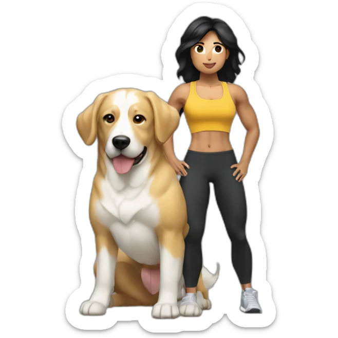 crossfit woman with black hair, white and doing lowering. And a golden dog at her side sticker