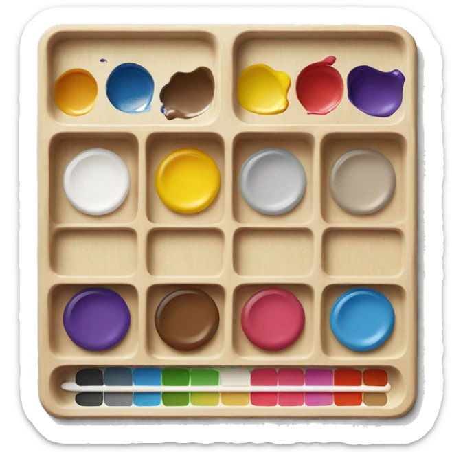 wooden painting palette, paint mixing tray with applied paint colors sticker