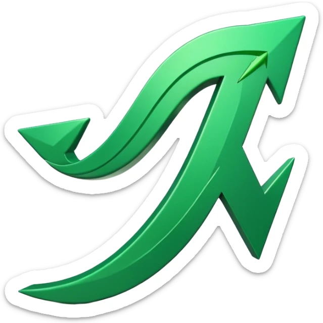 iOS-style 3D emoji: a glossy green arrow curving upward, attached to a jagged rising line chart, with smooth gradients and soft shadow sticker