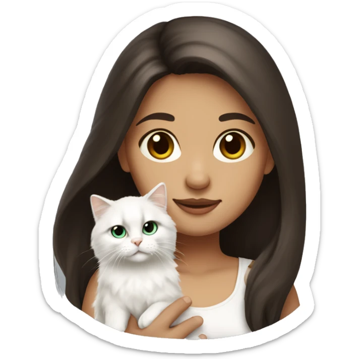 Dark brown straight hair girl with holding fluffy Siberian white cat  sticker