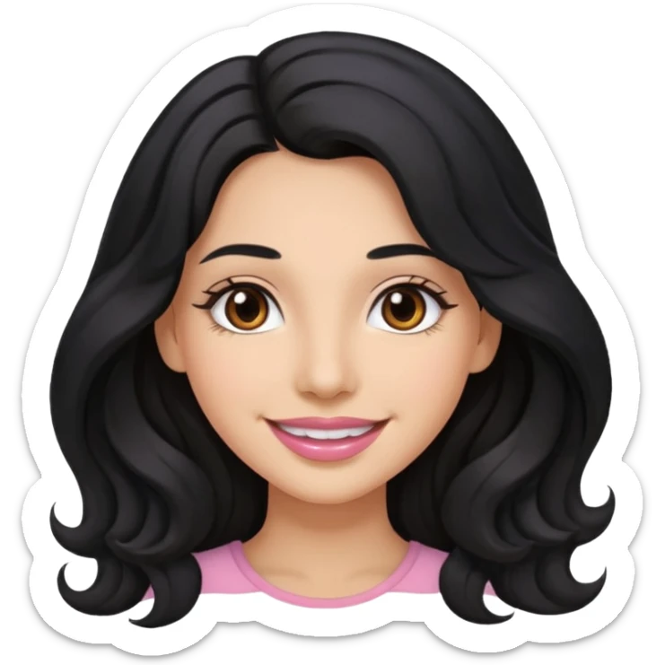 a woman is smile, her hair is long wavy and the color is black, her eyes color are brown and the color of her lip is soft pink sticker