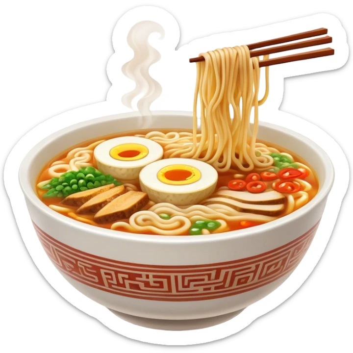 Cinematic Realistic Ramen Dish Emoji, showcasing a steaming bowl of rich broth with noodles and toppings rendered with dynamic textures and inviting, warm lighting. sticker
