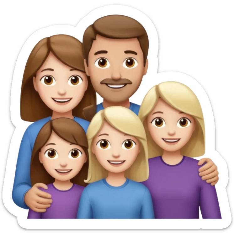 happy pale white  four person family with one brown hair dad, one brown hair mom, one blonde girl, and one brown hair girl sticker