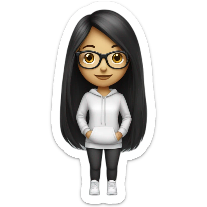 une fille avec de long cheveux noir lisse, la peau blanche ,et avec des lunette (en forme de carrer un peu déformé) assez grosse comparer a ça tête , portant un pull noir sticker